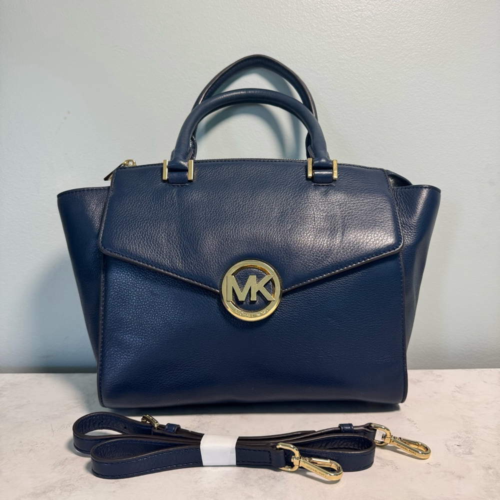 Women's Michael Kors Leather Large Hudson Satchel Tote Navy Blue Gold Logo - Picture 2 of 16